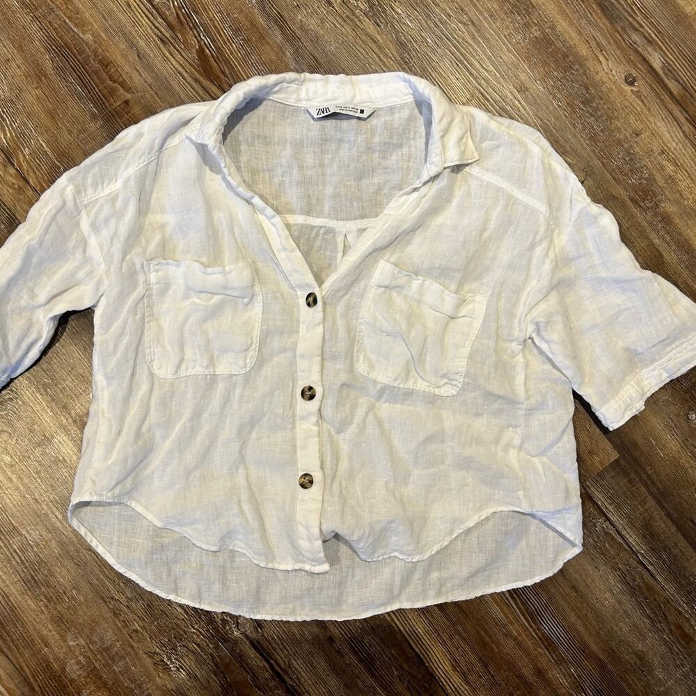 ZARA White Linen Blend Crop Button Up Shirt